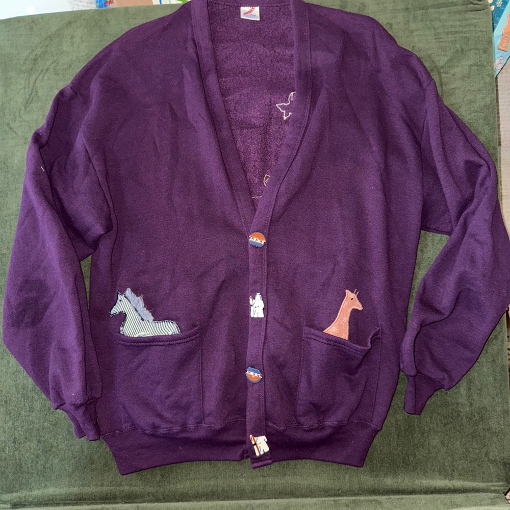 Vintage Jerzees Sweatshirt Cardigan Novelty Noahs Ark Animal Applique Purple‎ L